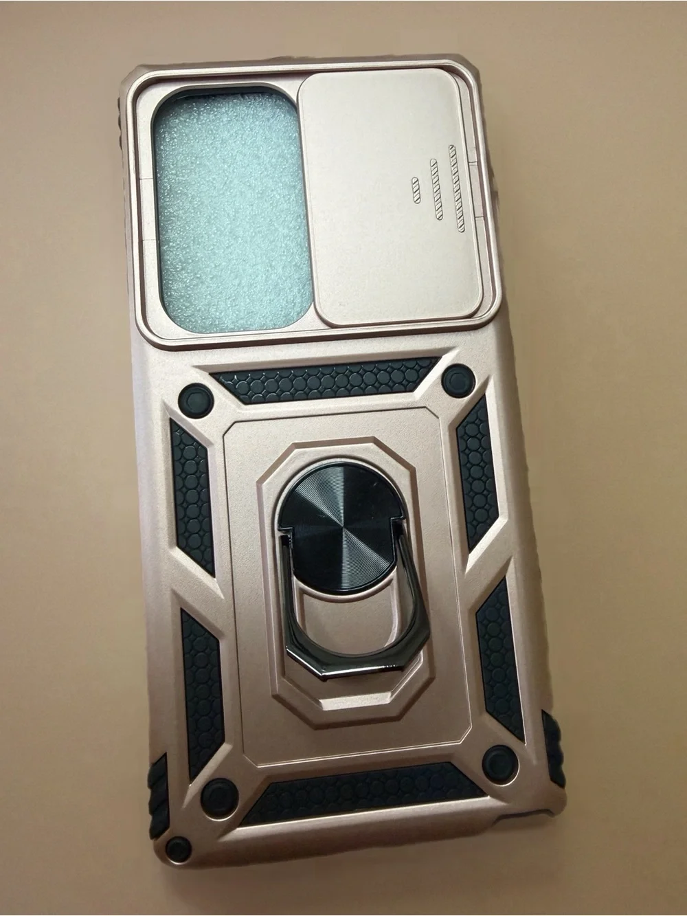 Rose Gold Slide-Cover Phone Case with Black Accents & Ring Samsung S25 Ultra